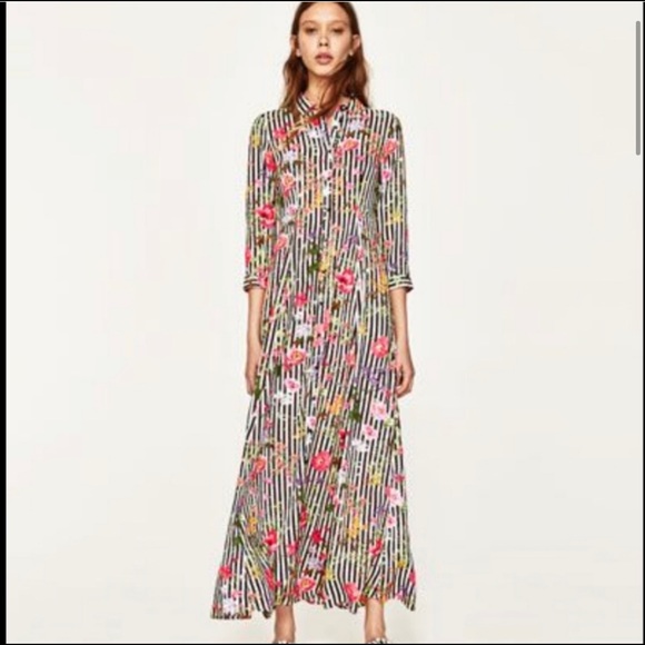 Zara women's maxi shirt dress striped floral - Picture 4 of 16